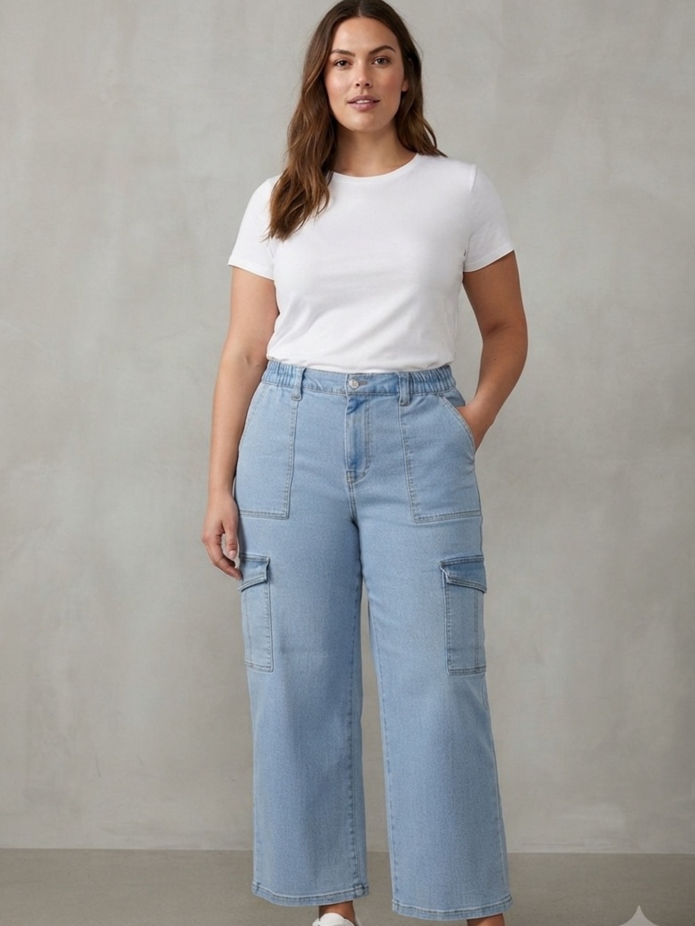 Light Blue Cargo Jeans - Comfortable Casual Fit -Size L (12-14)